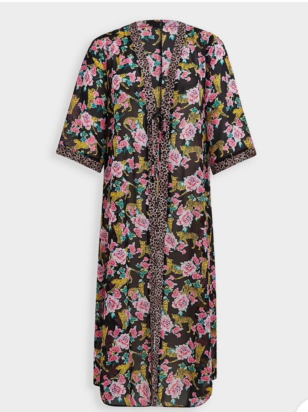 Torrid Kimono 2X Black Floral Cheetah Chiffon Tie Front Maxi Coverup